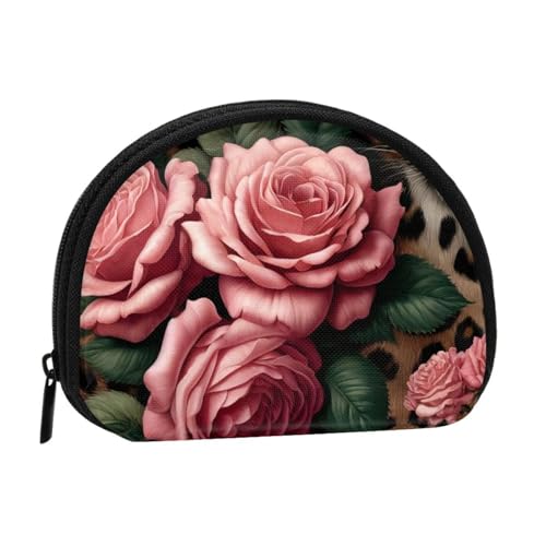Portable Coin Purse Wild-Leopard-Floral-Rose-Print Mini Zippered Money Pouch Card Holder