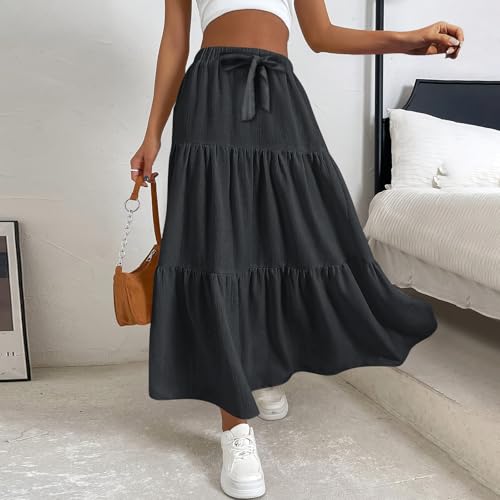 Linen Maxi Skirts for Women 2025 Casual Summer Tiered Long Pleated Skirt Comfy Elastic Waist Beach A Line Flowy Skirt4
