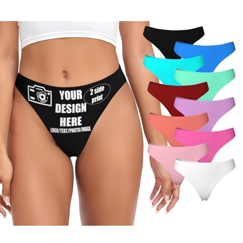 Custom Seamless Thong Add Your Own Image Text Sexy Funny Briefs for Women with Photo Lover Wife Valentine Day 2 Sides Design Large Black