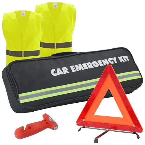 WORKKOOL Emergency Breakdown Kit Warning Triangle Safety Hammer 2x Hi-Vis Reflective Vests Storage Bag for Car Emergency Roadside Assistance MOT Essential (4 packs kit)