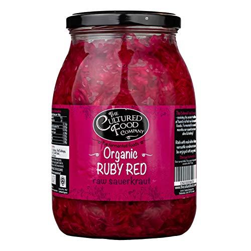 The Cultured Food Company - Organic Ruby Red Sauerkraut 1kg Jar - 100% Natural Ingredients- Raw & Unpasteurised - Probiotic Rich - Traditionally Fermented Red Cabbage- Handmade - No Preservatives