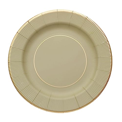 25 Khaki 13-inch Round Disposable Paper Charger Plates Metallic Trim for Weddings Parties Birthdays Receptions Events Catering Buffet Dinnerware Tableware Decorations