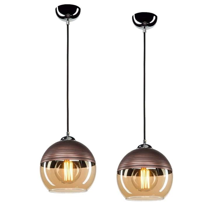 Floriya Luster Doom Globe Shade Ceiling Hanging Pendant Light Lamp for Bedroom, Living Room | Bulb is not Included (Metal, Glass) Pack of 2