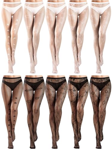 Image of Ramede 10 Pairs Fishnet Thigh High Stockings for Women Goth Fish Nets Lace Mesh Tights High Waist Fishnet Leggings Pantyhose