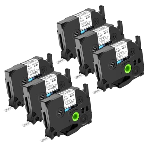 NineLeaf 6pk Compatible for Brother P-Touch TZe-FX221 TZ-FX221 TZeFX221 TZFX221 9mm 0.35 Black on White Flexible ID Wire Cable Label Tape for PT-E300 PT-E500 PT-E550W PT-E800W Label Maker