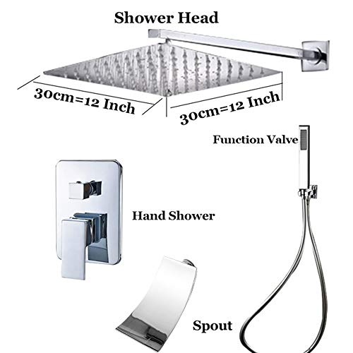 Ensemble de douche chromé à 3 voies encastré avec cascade de baignoire 12" - 3