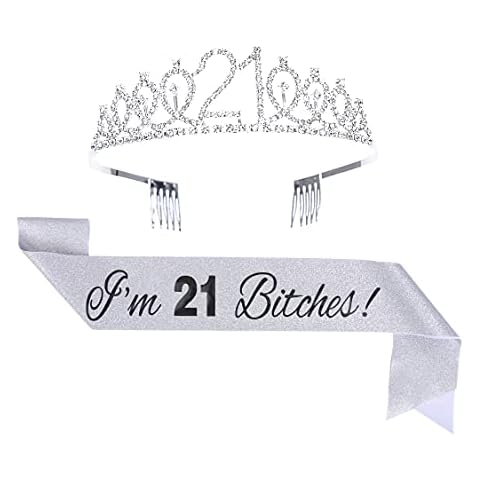 Topfunyy 21st Birthday Tiara and Sash Set - 'I'm 21 Bitches' Silver Sash Crystal Crown Birthday Gift for Girls 21st Birthday Party Supplies Cover
