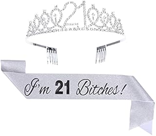 Topfunyy 21st Birthday Tiara and Sash Set - 'I'm 21 Bitches' Silver Sash Crystal Crown Birthday Gift for Girls 21st Birthday Party Supplies