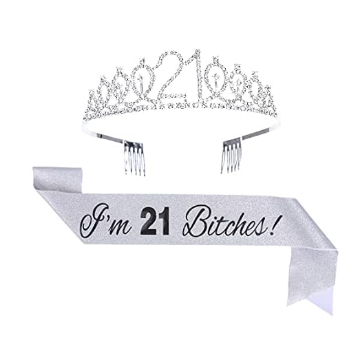 Topfunyy 21st Birthday Tiara and Sash Set - 'I'm 21 Bitches' Silver Sash Crystal Crown Birthday Gift for Girls 21st Birthday Party Supplies