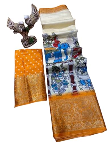 Bhagalpuri Silk Dancing Model Kalamkari Saree with Unstitched Blouse - Orange Blue