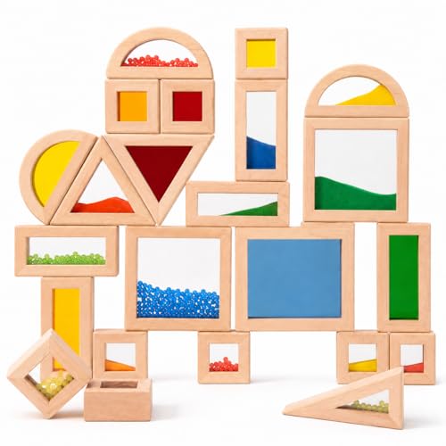 Image of 23 Pcs Rainbow Wooden Sensory Building Blocks for Toddlers,Gift for Kids | Colorful Geometric Stacking Toys with Beads, Sand & Mirror Blocks, Montessori STEM,Preschool Learning Educational Toys