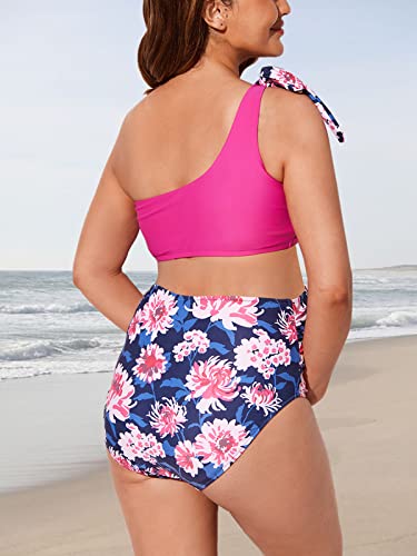 Summer Mae Maternity Two-Piece Swimsuit Bikini Set Cutout One Shoulder Bathing Suit Tie Side Pregnancy Swimwear Hot Pink Floral X-Large #TOP1