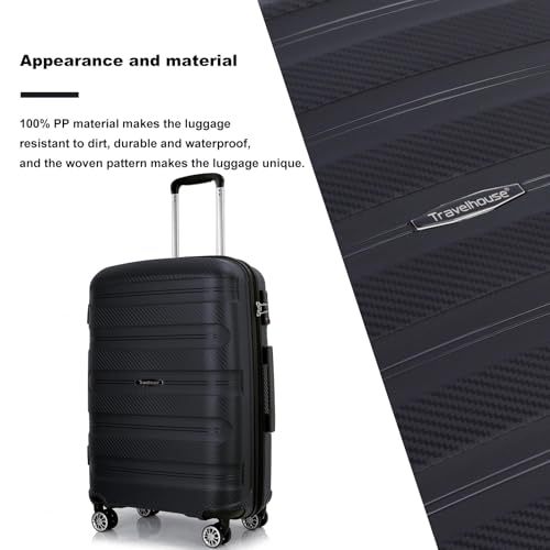3-Piece Luggage Set (20" / 24" / 28"), Durable & Lightweight PP Hardshell Suitcase with 360° Double Spinner Wheels and TSA Lock, Carry-On & Checked Travel Gear Set (Black)3