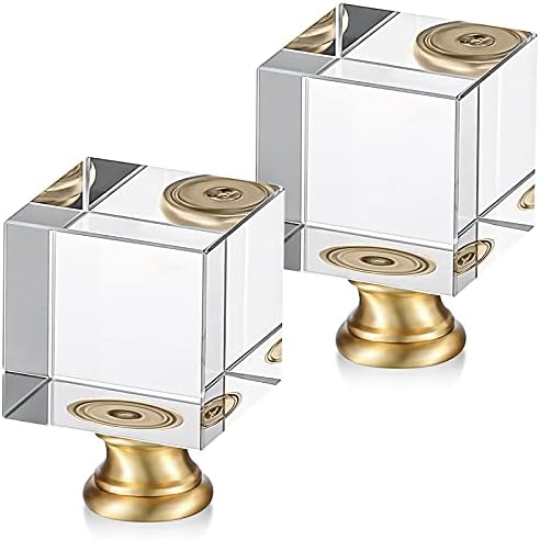 2 Pieces Cube Crystal Lamp Finial Clear Square Lamp Finial Cap Knob Top Knob Lamp Finial with Chromed Base for Lamp Shade Lamp Decoration, 1-4/5 Inches Tall (Clear, Gold)