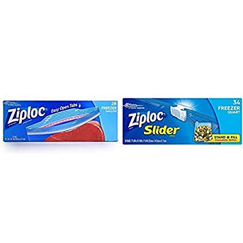 Ziploc Freezer Bags, Gallon, 28 ct and Ziploc Slider Quart Freezer Disposable Food Storage Bags, 34 Count
