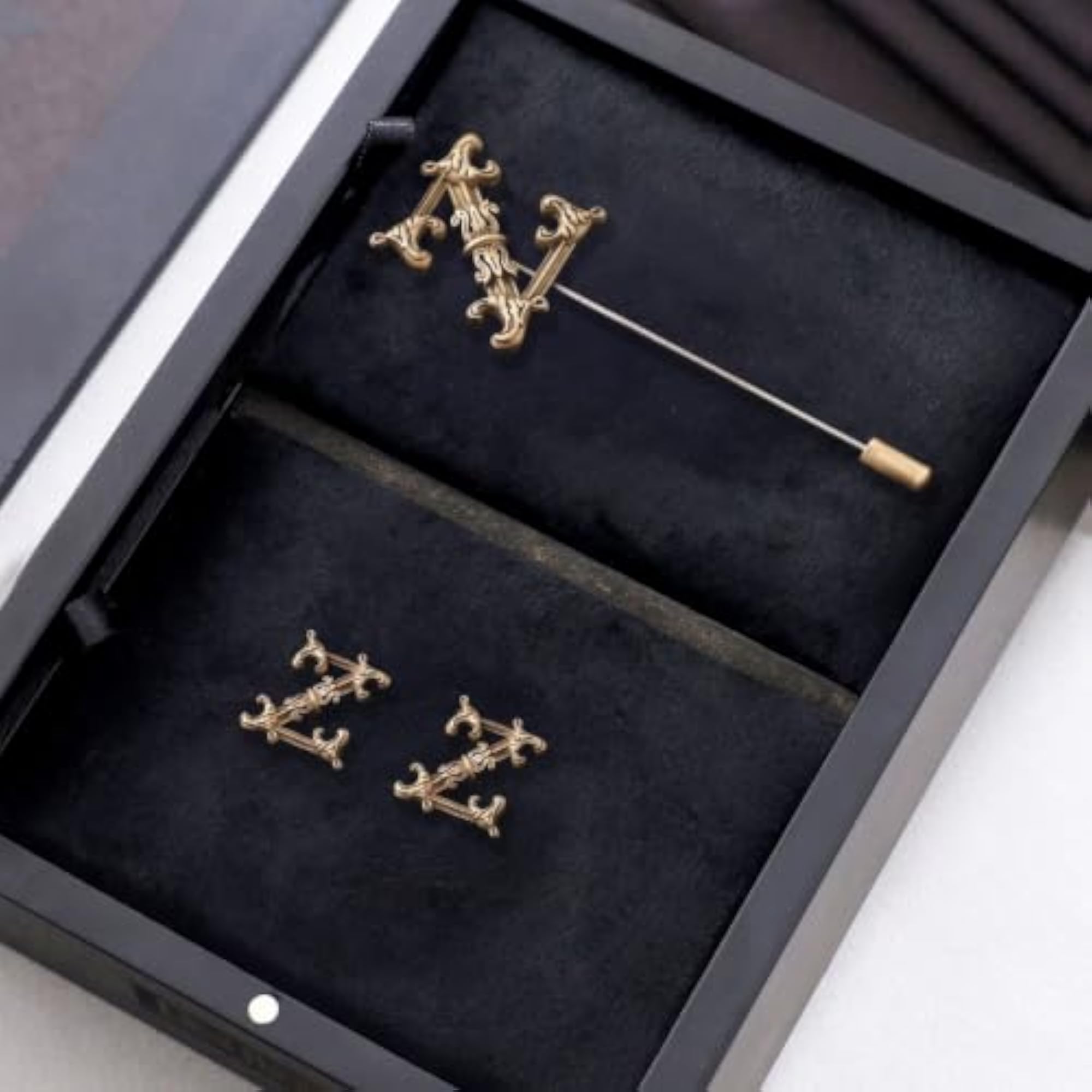 Antique Brass Alphabet Cufflink & Lapel Pin Combo