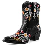 CRYSIGNE Women Flower Embroidered Ankle Cowgirl Boots Square Toe Western Boots Chunky Heel Pull On Short Boots