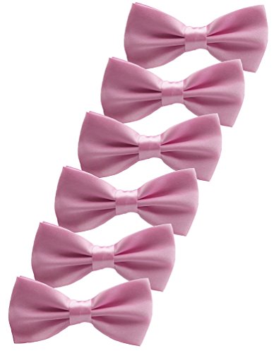UDRES 6 Pack Solid Bow Tie Satin Pre-tied Bowtie for Wedding Party (One Size, Pink)