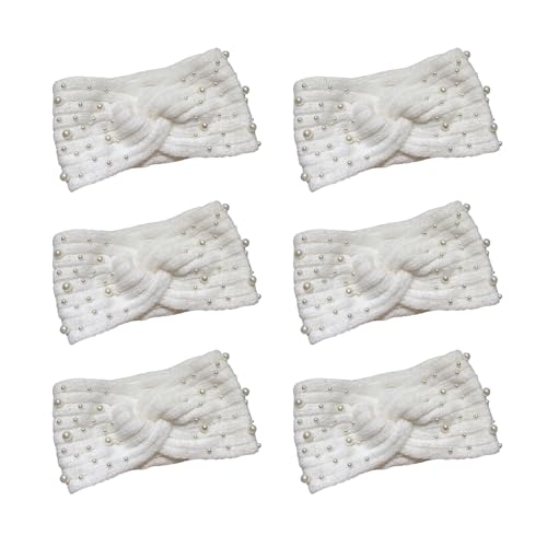 LUOZZY 6pc Winter Pearl Cross Knitted Fuzzy Headband for Women