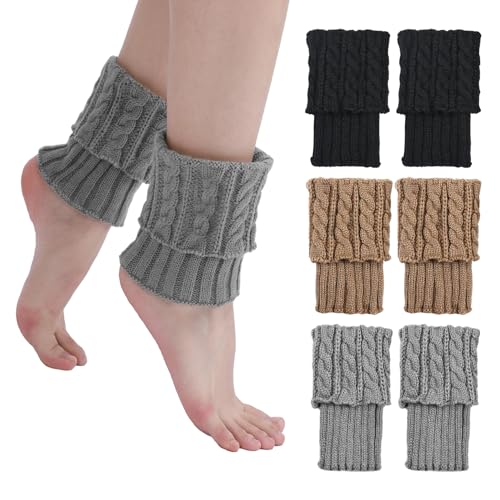 JTMKYO 3 Stück Manschetten-Beinwärmer, gestrickte Knieschützer, kurze Wintersocken, Stiefelüberzüge, Knopfdrehsocken, Thermosocken, geeignet, um die Füße im Winter warm zu halten