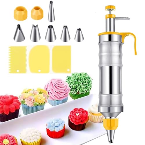 Tortenspritze,Garnierspritze Edelstahl,400ml Kuchenspritze Wiederverwendbarer,Profi Sahnespritze mit 6 Tüllen,Dessert Dekorieren Spritze,Garnierspritze Profi für Cupcakes, Torten Dekorieren, Kuchen