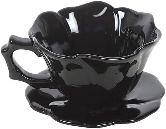 Black Rose Teacup and Saucer | Sculpted Gothic Teacup Set in Blooming Rose Design | Ceramic 250ml Cup and Plate Duo | Dark Aesthetic Homeware | Unique Gift for Tea Lovers