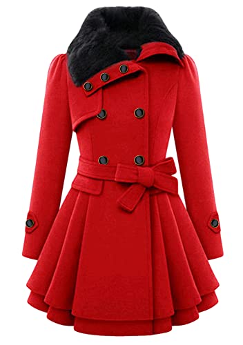 Image of GORIFE Womens Slim Wool Blend Jacket Swing Lapel Faux Fur Outwear Double Breasted Coat with Belt Red L