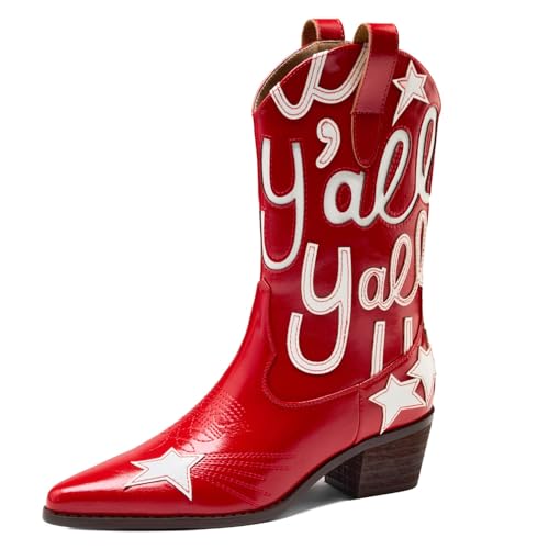 Image of Metallic Cowboy boots for Women Embroidered Mid Calf Womens Cowgirl Boots Western Pointed Toe Chunky Heel