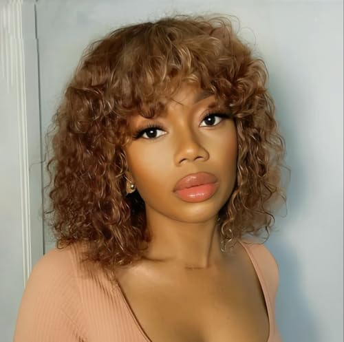 PECWU Brown Shaggy Curly Wig Human Hair Water Wave Bob