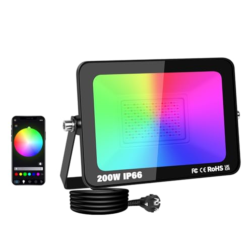 AUXTINGS 200WFoco reflector RGB para exteriores, con cambio de color, aplicación Bluetooth control Foco LED RGB, resistente al agua y con cambio de color, ideal para jardines, patios y Navidad