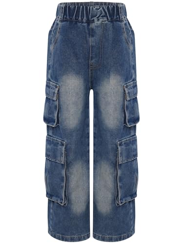 easyforever Kids Girls Cargo Jeans Boyfriend Denim Pants Retro Style Washed Wide Leg Casual Trousers with Flap Pockets3
