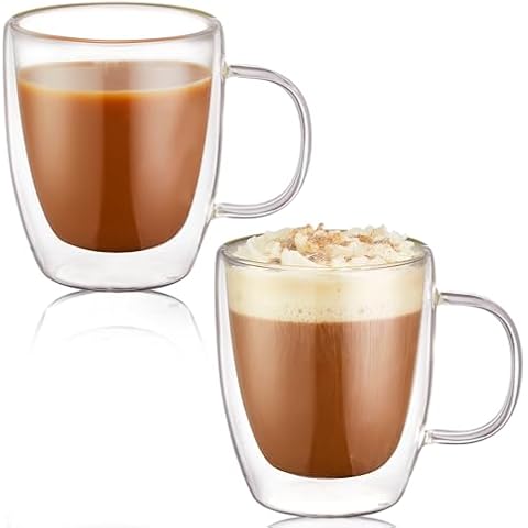 Glass Espresso Cups, 12oz Glass Coffee Cups with Handle, Double Walled Cups Set of 2, Borosilicate Glass Mugs for Cappuccino,Latte,Tea, Milk, Hot Beverage,Wine Cover
