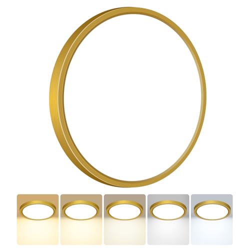 Peasur Deckenlampe LED Deckenleuchte Flach,5Farben-3000/3500/4000/5000/6500K,IP54 Wasserfest Badezimmer Lampe Decke,18W Modern Rund Lampe für bad flur schlafzimmer Wohnzimmer,30 * 1.6cm Golden
