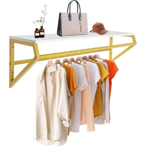 TTeralmon Gold Shelf with Hanging Rod Wall Mounted Clothes Rack with Shelf Clothes Rack with Top Shelf Gold Clothing Display Rack Clothing Rack with Top Shelf Cover