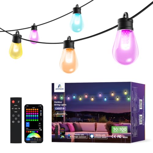 APPECK Outdoor String Lights, 100ft RGBW Smart Outdoor Patio Lights with 30 LED Bulbs, Extendable...