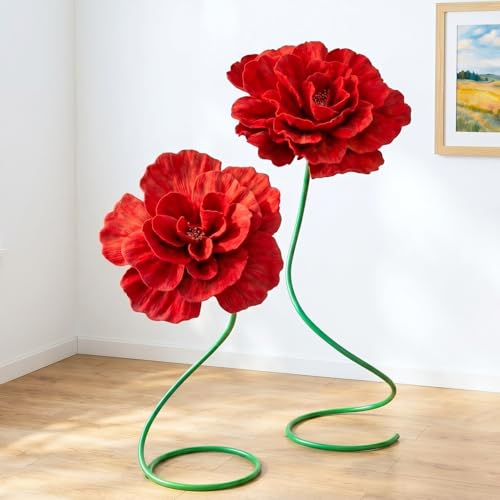Maysing 2 Pcs 5ft Large Peony Flowers Giant Artificial Red Peony Standing Huge Handcrafted Flower for Window Reception Banquet Ceremony Floral Decor Garden Hotel Office Birthday Wedding Party