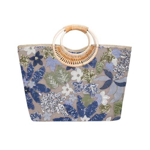 Sequin Embroidered Woven Tote Bag for Women Stylish Summer Beach Shoulder Handbag with Bamboo Handle for Vacation