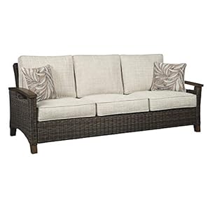 Signature Design by Ashley Paradise Trail Outdoor Patio Sofa with Cushion and 2 Pillows, Brown & Beige