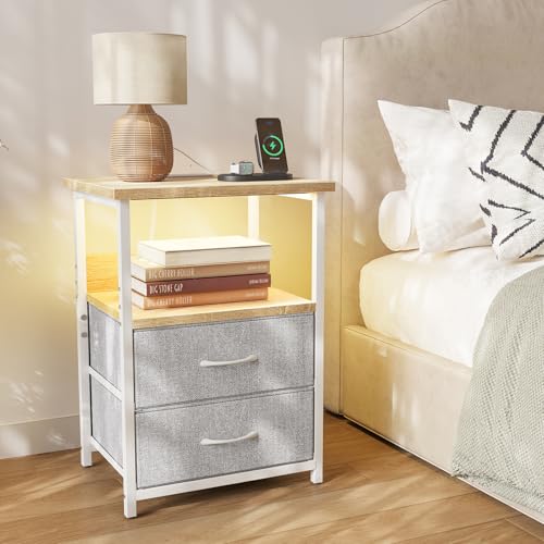 Image of Fixwal Night Stand with Charging Station, LED Nightstand with U-S-B Ports and Outlets, 2 Fabric Storage Drawers with PU Finish, Small Bedside Table, Natural Oak & Light Grey