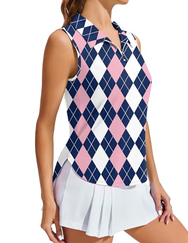 Image of PINSPARK Women Golf Shirts Sleeveless UPF 50+ Tennis Polo V-Neck Quick Dry Athletic T Shirt 1 /4 Zip Collar Workout Tank Top