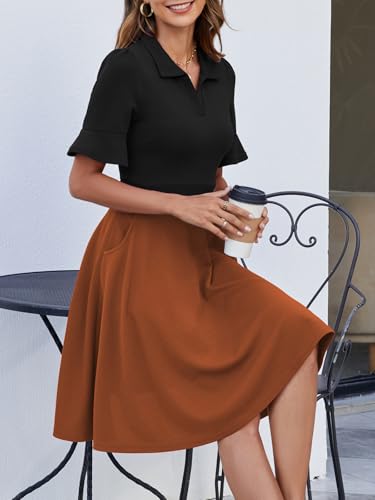 Image of Mokayee Womens Summer Ruffle Sleeve Collared V Neck Fit and Flare Elegant A line Swing Dresses with Pockets