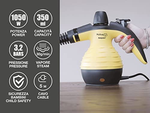 BEPER 50.700 Limpiador a Vapor, Limpiador de Vapor desinfectante , Caldera de Aluminio de 350 ml, Botón de Vapor Continuo, Presión 3.2 bar, 30 g/min, Cable de 3 M, Amarillo y Negro - imagen 2