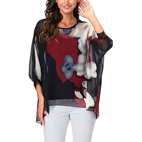 Image of Ckikiou Plus Size Batwing Flowy Semi Sheer Chiffon Blouse Tunic for Women Summer Floral Print Boho Beach Cover ups