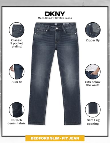 Image of DKNY Bedford Slim Fit Jeans for Men - Tapered Leg Stretch Denim Pants, Classic 5-Pocket Styling | Mens Slim Fit Jeans
