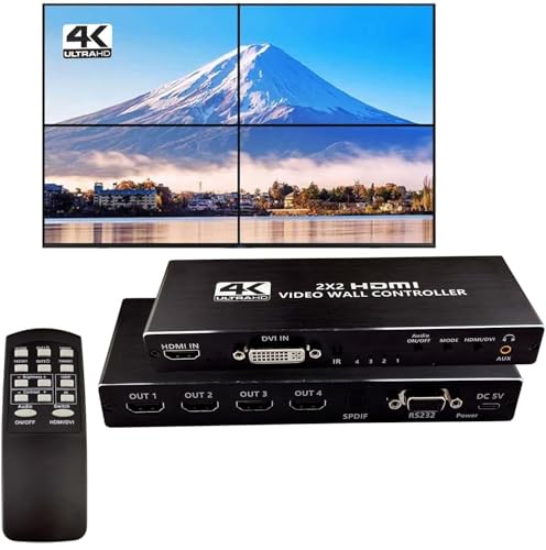 Image of MICROWARE 2x2 HDMI Video Wall Controller, 1080P@60Hz HD-MI DVI TV Wall Processor with Audio Out, 4K HDTV Video Image Processor with RS232, Support 180 Rotate, 2x2 1x2 1x3 1x4 2X1 3x1 4x1