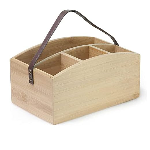 Mimo Style Porta Talheres Ecokitchen com Alça de Couro Sintético, Produzido em Bambu 100 % Ecológico, Possui 4 Compartimentos Para Organizar Seu Ambiente