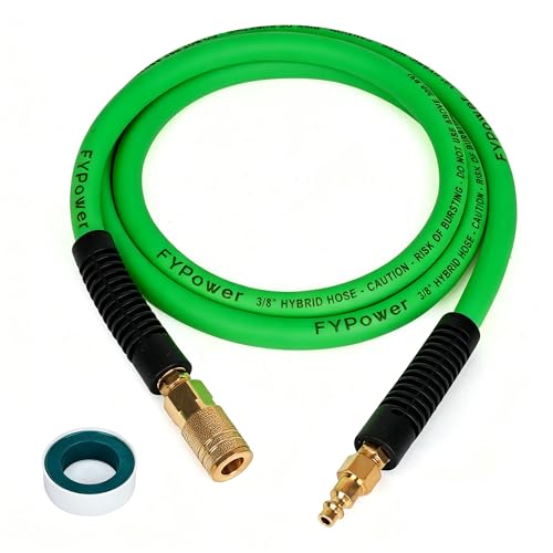 FYPower Air Compressor Whip Hose 3/8 Inch x 6 Feet Lead in Hybrid Hose with Fittings Flexible and Kink Resistant 1/4 Industrial Quick Coupler and Plug Kit - Green
