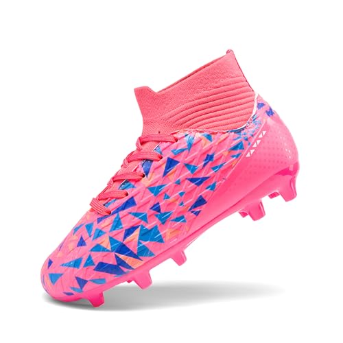 DREAM PAIRS Boys Football Cleats Youth High Top Firm Ground Soccer Shoes for Little/Big Kids 11 Little Kid Hot Pink/Royal Blue