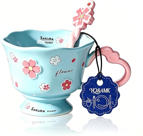 Taza de cerámica azul con diseño floral 12 oz miniatura 1