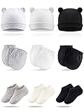 Baby Hats Mittens and Socks Set Including 3 Pieces Cute Newborn Hats Bear Ears Infant Beanies Caps 6 Pieces No Scratch Baby Mittens and 6 Pieces Non-Slip Baby Ankle Socks for Boys and Girls